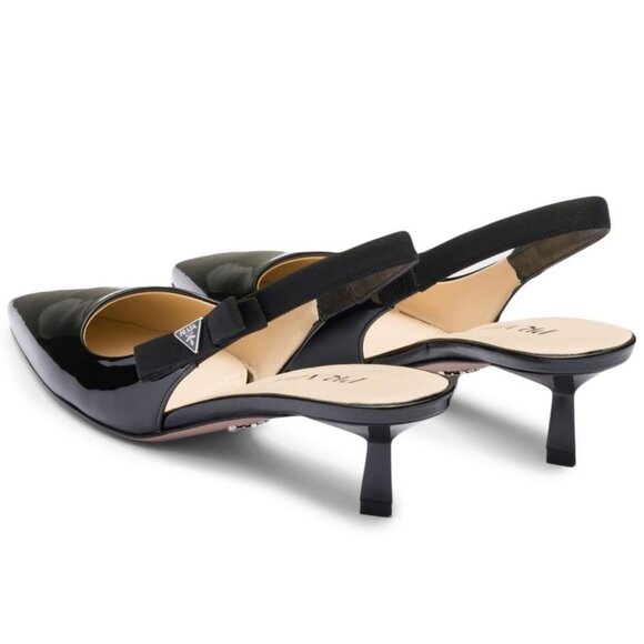 PRADA Triangle Logo Bow Pointed Toe Kitten Heel Slingback Pumps Sandals - Picture 3 of 16